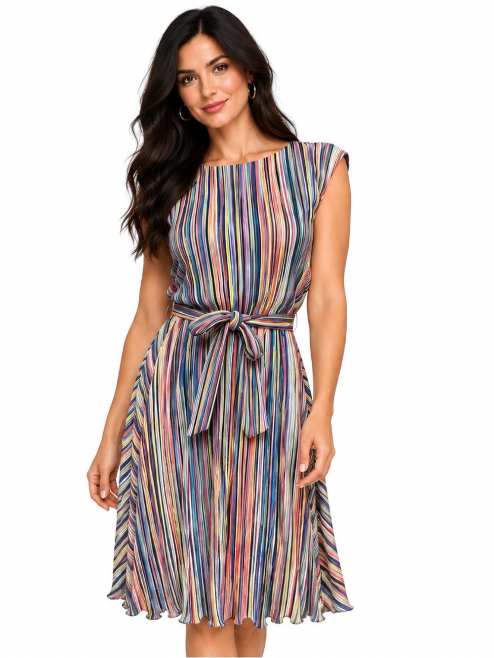NWT DKNY Multicolor Striped Modern Midi Dress with Belt